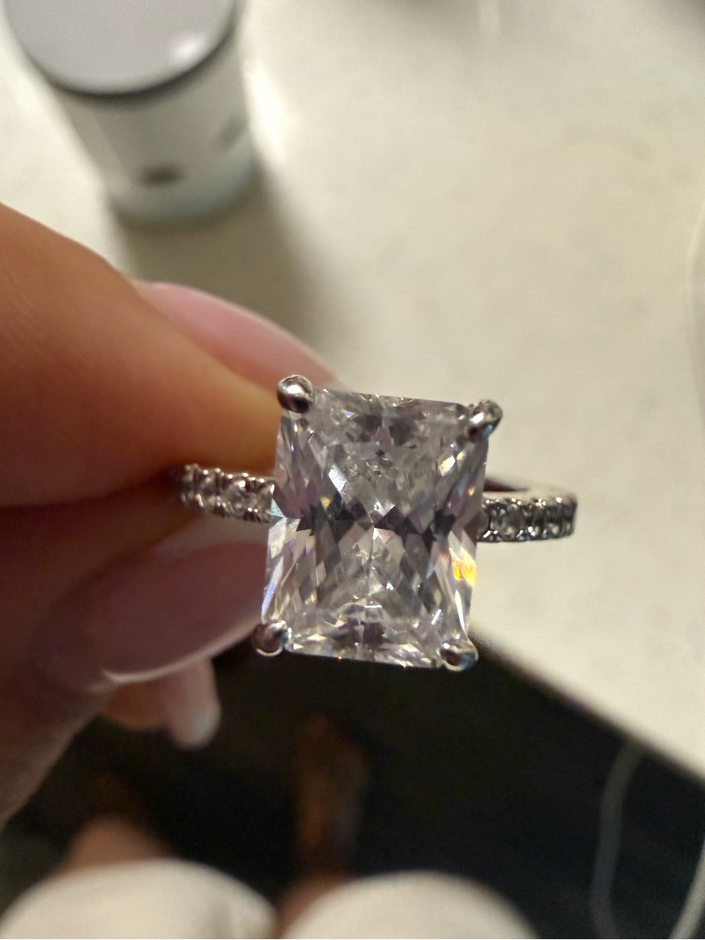 Clear Square-Cut Solitaire Ring in Silver with Pavé Band